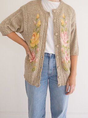 Vintage Susan Bristol Beige Floral Embroidered Cable Knit Button Cardigan M
